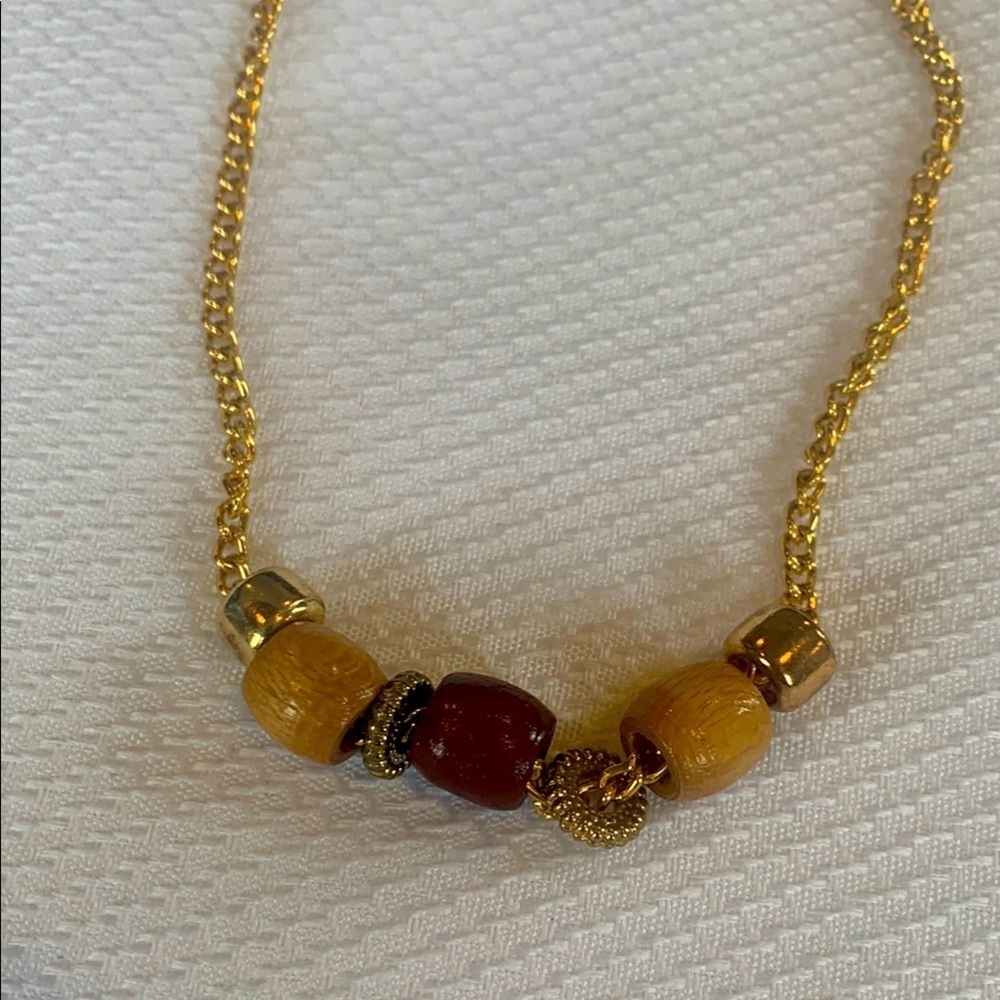 Gold Tone and Brown Wood Beaded Choker Necklace